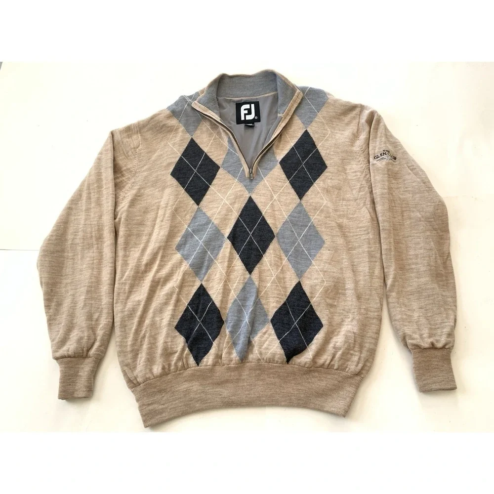 Footjoy Quarter Zip Golf Sweater Mens XXL Tan Beige Argyle 100% Wool Wind Logo